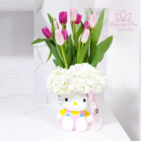 Bouquet Hello Kitty de 10 Tulipanes y Hortensias